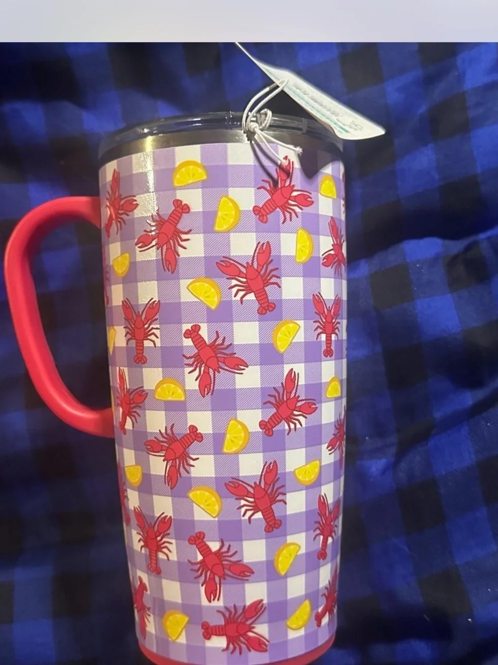 Swig Red Handle Purple Gingham Lobster Travel Mug